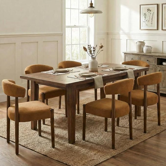 VKNOW Wooden Dining Chairs Set of 6, Modern Upholstered Dining Room Chairs with Walnut Wood Legs and Curved Backrest, Fabric Kitchen Chairs for Farmhouse/Living Room/Dining Room, Orange