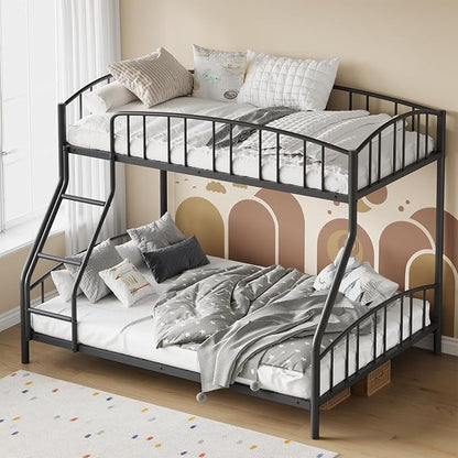 GarveeHome Metal Bunk Bed Twin Over Full, Heavy Duty Bunkbeds Frame with Arched Guardrail and Safety Ladder, Sturdy Steel Bed for Kids Boys Girls, Space-Saving, No Box Spring Needed, Black