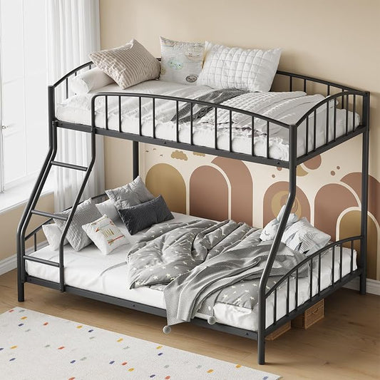 GarveeHome Metal Bunk Bed Twin Over Full, Heavy Duty Bunkbeds Frame with Arched Guardrail and Safety Ladder, Sturdy Steel Bed for Kids Boys Girls, Space-Saving, No Box Spring Needed, Black