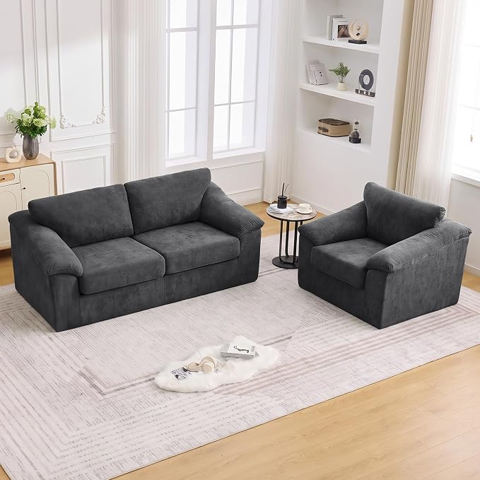 Boneless Couch Sets, Modern Loveseat Sofa with Accent Sofa Chair, Floor Cloud Couch Sets with Extra Comfy Soft Deep Seats for Living Room, Apartment, No Assemby, Set of 2, Dark Gray