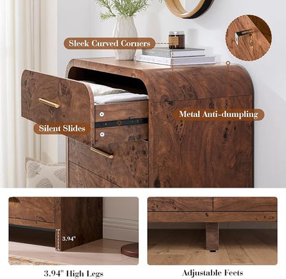 Curved 5 Drawer Dresser for Bedroom, 31'' Wide Chest of Drawers, Modern Storage Cabinet for Hallway & Living Room TV Stand, FSC Certified 1.18" Thick Board, 100 lbs Top Weight, Dark Burl