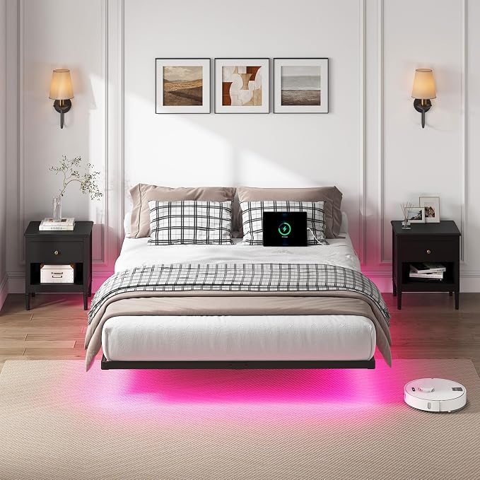 YORMDMO Floating Bed Frame Queen Size, Heavy Duty Bedframe with Smart LED Lights & Charging Station, Modern Metal Platform Bed, Easy Assembly No Box Spring Needed, 10 Inch