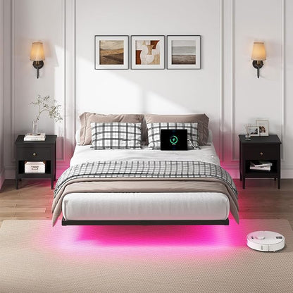 YORMDMO Floating Bed Frame Queen Size, Heavy Duty Bedframe with Smart LED Lights & Charging Station, Modern Metal Platform Bed, Easy Assembly No Box Spring Needed, 10 Inch
