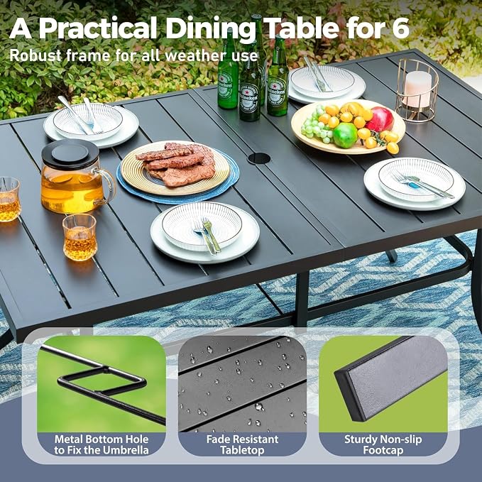 7pc Patio Dining Set for 6, Outdoor 59" Metal Table & Woven Rattan Chairs | 6 cushioned chairs + rectangle steel table. Waterproof, stain-resistant & wipe-clean. Ideal for backyard, garden & poolside.
