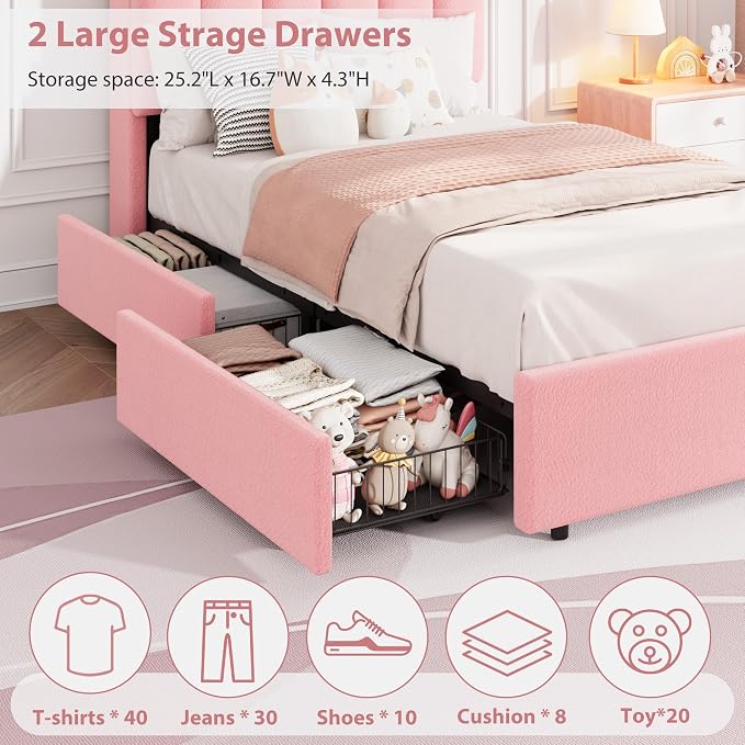 Garvee LED Twin Size Bed Frame with Storage Headboard, Kids Bed Frame with 2 Drawers, Boucle Upholstered Platform Bed for Girls, Chic Wavy Headboard with Bookcase, No Box Spring Needed, Pink