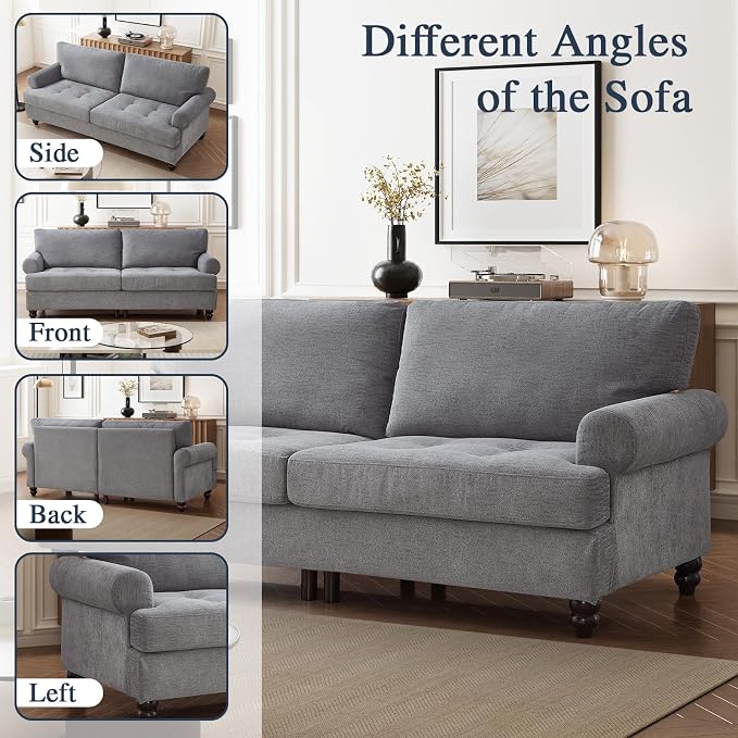 81” Sofa Couch with Storage, Mid Century Modern Decor Loveseat Couches for Living Room, Button Tufted Upholstered Small Couch for Bedroom, Apartment (Gray)