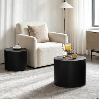 Nesting Round Coffee Table Set of 2, Circle Accent End Table for Small Spaces, Morden Drum Side Table, Wooden Center Table for Living Room, Fully Assembled - Black