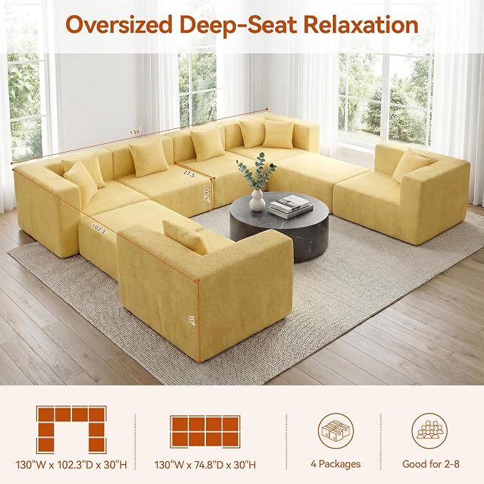 MONVANE Modular Sectional Sofa, Oversized 8 Seat Convertible U Shaped Couch with Ottoman, Comfy Teddy Velvet Cloud Couch with Deep Seat, Sectional Couches for Living Room, No Assembly Required, Yellow