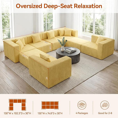 MONVANE Modular Sectional Sofa, Oversized 8 Seat Convertible U Shaped Couch with Ottoman, Comfy Teddy Velvet Cloud Couch with Deep Seat, Sectional Couches for Living Room, No Assembly Required, Yellow