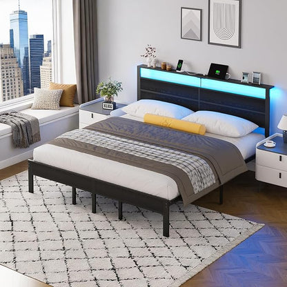 Liians Black King Size Bed Frame with LED Lights and Charging Station, King Size Platform Bed with Metal Slats and Wood Headboard, No Box Spring Needed