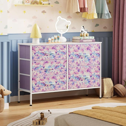 WLIVE Dresser for Bedroom with 5 Drawers, Wide Chest of Drawers for Bedroom, Fabric Dresser for Living Room, Closet, Hallway, Tie-dye Print (Pink, Purple, Blue)