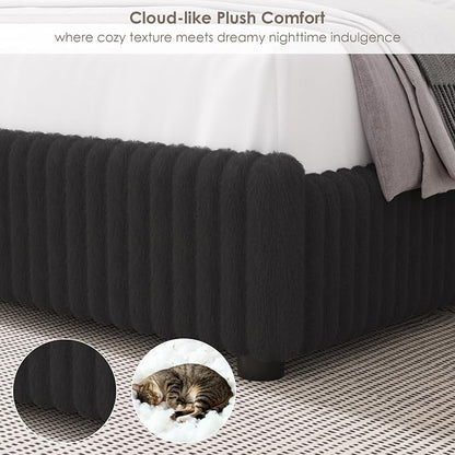 Keyluv Queen Bed Frame with 54” Tall Faux-Fur Wingback Headboard, Upholstered Platform Bed with LED Light, Mattress Foundation with Solid Wooden Slats Support, No Box Spring Needed, Noise-Free, Black