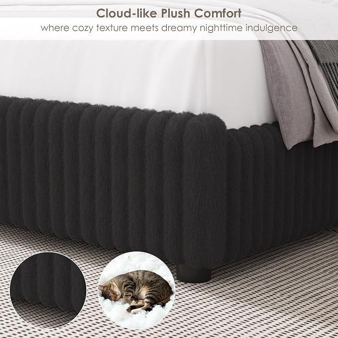 Keyluv King Bed Frame with 54.3” Tall Faux-Fur Wingback Headboard, Upholstered Platform Bed with LED Light, Mattress Foundation with Solid Wooden Slats Support, No Box Spring Needed, Noise-Free, Black