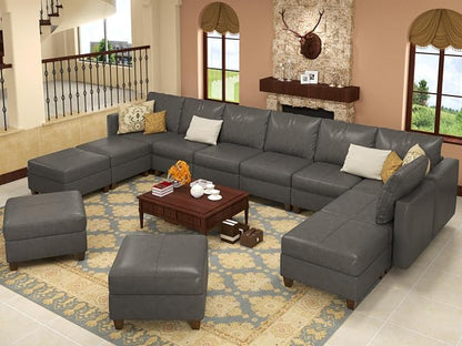 EASE MOOSE Oversized Sectional Sofa Modular Couch with Reversible Chaises, Faux Leather U Shaped Sectional Couch with Storage Convertible Sleeper Sofa