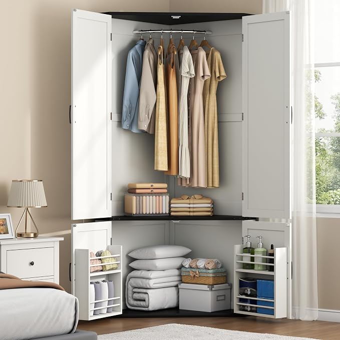 Gyfimoie Corner Wardrobe Closet with Doors, 71" Tall Freestanding Armoire Cabinet with Hanging Rod, Farmhouse Corner Storage Cabinet for Bedroom, White Wooden Corner Closet Organizer for Small Space