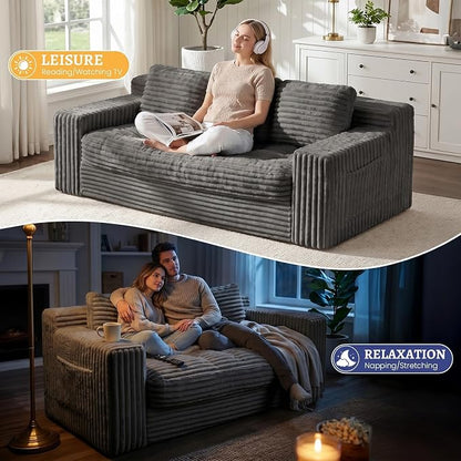 Boneless Couch, Cloud Loveseat Sofa Corduroy Couch in a Box, Upholstered Boneless 3 Seater Couch for Living Room Bedroom Office Apartment, No Assembly Required, Grey