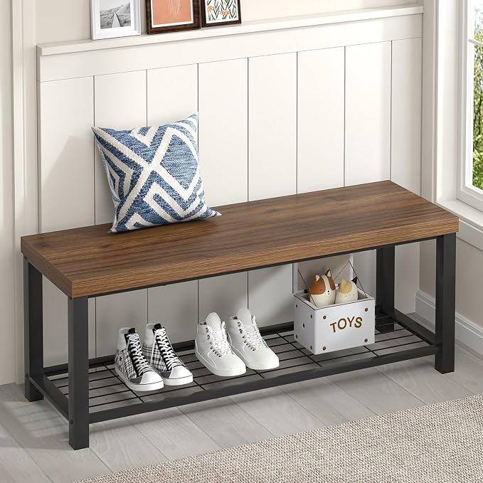 FOLUBAN Modern Entryway Bench - Rustic Wood and Metal Shoe Storage for Hallway Front Door Entrance, Industrial Indoor Seat for Bedroom Living Room, 43 Inch Walnut