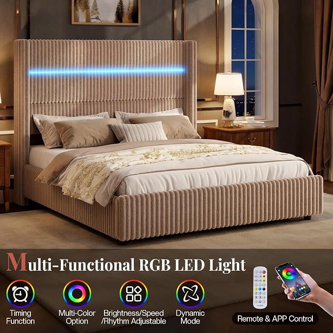 Jocisland King Size Corduroy Upholstered Bed Frame with 4 Storage Drawers & 51.2" Tall Wingback Headboard, LED Platform Bed with Charging Station, Easy Assembly, No Box Spring Needed, Dark Khaki