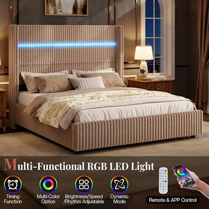 Jocisland King Size Corduroy Upholstered Bed Frame with 4 Storage Drawers & 51.2" Tall Wingback Headboard, LED Platform Bed with Charging Station, Easy Assembly, No Box Spring Needed, Dark Khaki