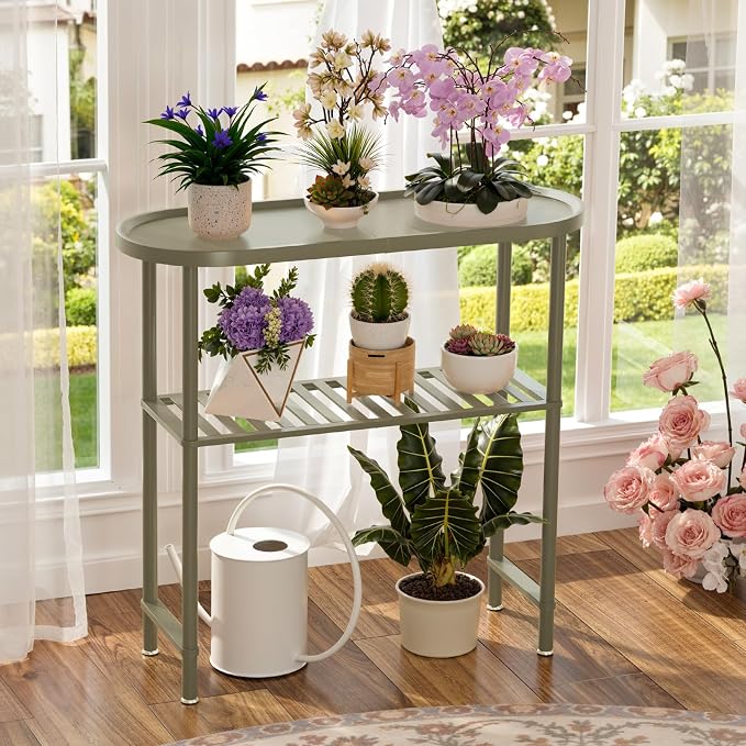 Small Console Table Bamboo 30.7", Modern Entryway Table Green 2-Tier, Narrow Console Table with Anti-Fall Edge, Small TV Stand for Bedroom, Indoor Plant Stand, Sofa Side Table 5min Easy Assembly