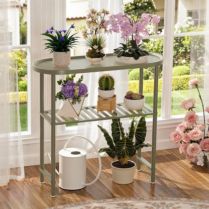 Small Console Table Bamboo 30.7", Modern Entryway Table Green 2-Tier, Narrow Console Table with Anti-Fall Edge, Small TV Stand for Bedroom, Indoor Plant Stand, Sofa Side Table 5min Easy Assembly