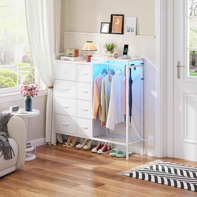 HIGDBFE Dresser with Hanging Rack, 8-Drawer Dresser for Bedroom with Charging Station & LED Lights, Fabric Dressers with Shoe Rack, Chest of Drawers with Wooden Top for Bedroom, White, 11.8" D