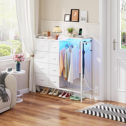 HIGDBFE Dresser with Hanging Rack, 8-Drawer Dresser for Bedroom with Charging Station & LED Lights, Fabric Dressers with Shoe Rack, Chest of Drawers with Wooden Top for Bedroom, White, 11.8" D