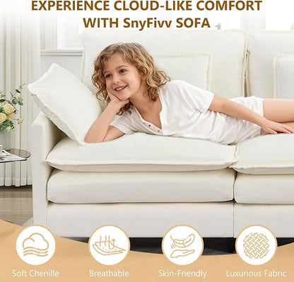 113" Chenille Modular Sectional Sofa, Convertible L Shaped Modular Sofa Comfy Cloud Couch with Ottoman, Side Pockets and 5 Throw Pillows for Living Room (White, 113" - 5 Seats)