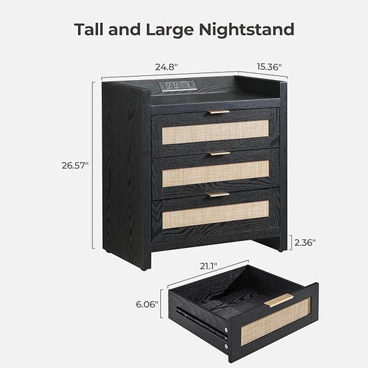 SICOTAS Rattan Nightstand Bedside Table - Larger Night Stand with Type-C Charging Station, 3 Drawers Storage - Boho Night Stands End Table for Bedroom - Black Oak