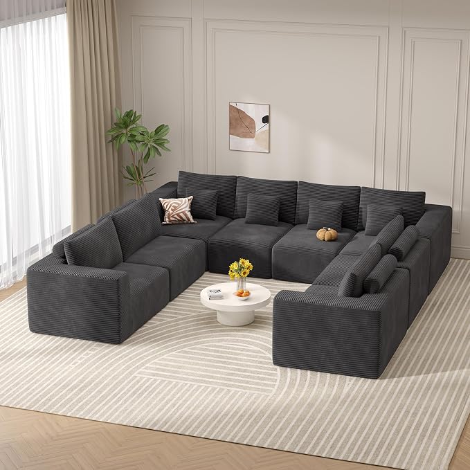 Modern U Shaped Modular Sectional Sofa, Convertible Oversized Cloud Couches for Living Room, Comfy 8 Seater Corduroy Boneless Couch Sofa Set, No Assembly Required, Beige 1 PCS