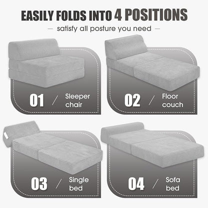 Kasunpul Folding Sofa Bed with Pillow, Memory Foam Fold Out Chair Bed, Convertible Sleeper Chair with Washable Cover, Futon Floor Couch for Living Room/Dorm/Guest Use/Home Office/Apartment, Light Grey