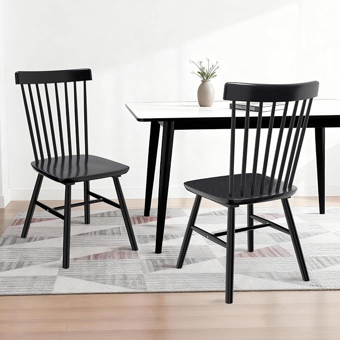AreShark Windsor Dining Chairs, Farmhouse Wooden Dining Room Chairs, Solid Wood Kitchen Chairs with Spindle Back Set of 2, Black