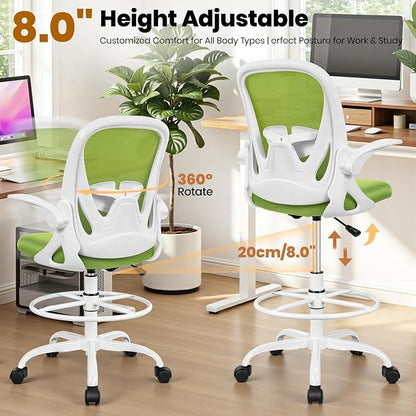 Primy Drafting Chair Tall Office Chair with Flip-up Armrests Executive Ergonomic Computer Standing Desk Chair with Lumbar Support and Adjustable Footrest Ring (Green)