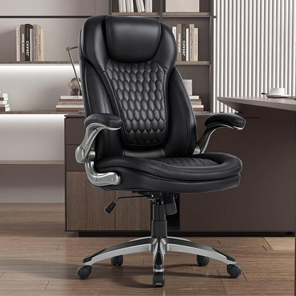 COLAMY High Back Executive Office Chairs, Ergonomic PU Leather Desk Chairs with Flip-Up Armrests, Adjustable Height, Lumbar Support, Comfortable Computer Chairs for Home Office, Set of 2