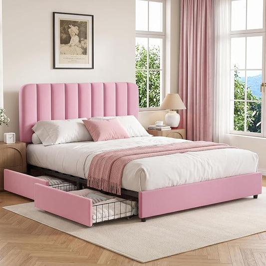 VECELO Queen Size Upholstered Bed Frame with 4 Drawers and Headboard, Velvet Platform Storage Bedframe, Wooden Slats Support, No Box Spring Needed,Pink