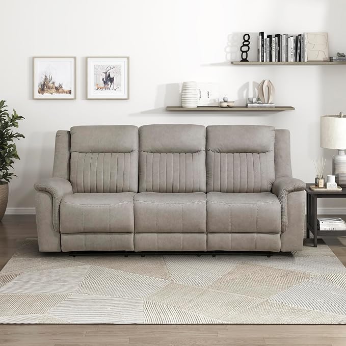 Lexicon Manual Double Reclining Sofa, Polished Microfiber Upholstered 3 Seater Manual Sofa Recliner for Living Room, Wall Hugger, Easy Assembly, Dove