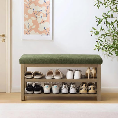 Zihanhome 2 Tier Shoe Rack Bench with Cushion, Solid Wood Shoe Benches, Mid-Century Modern Shoe Storage Bench for Entryway, Hallway, Living Room, Closet, Front Door Entrance, (Green, 39.4")