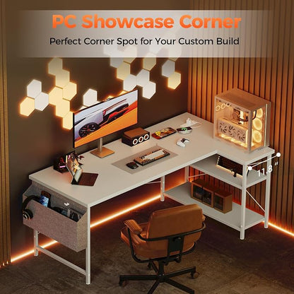 Mericonia Small L Shaped Computer Desk with Power Outlets, Reversible Gaming Desk with Storage Shelves, Corner Gamer Desk Table, Study Writing Table