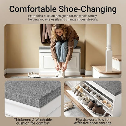 Haotian Shoe Storage Bench with Cushion, White Narrow Shoe Rack for Entryway, Small Shoe Cabinet with Flip-Drawer, Closet Hallway Mudroom FSR82-L-W