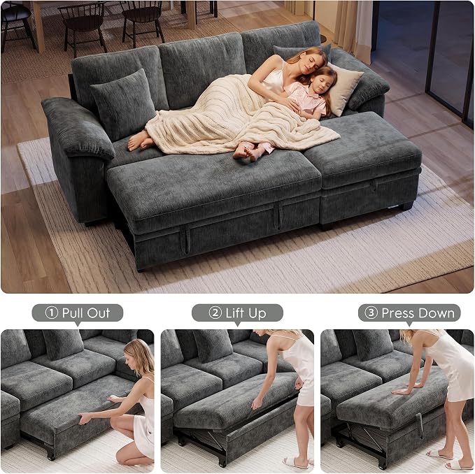 Ihanherry 86" Modular Sectional Sofa with Pull Out Bed, 4-Seater L Shaped Sectional Sleeper Couch with Storage Ottoman, Chenille Convertible Couches for Living Room, Apartment (Grey)