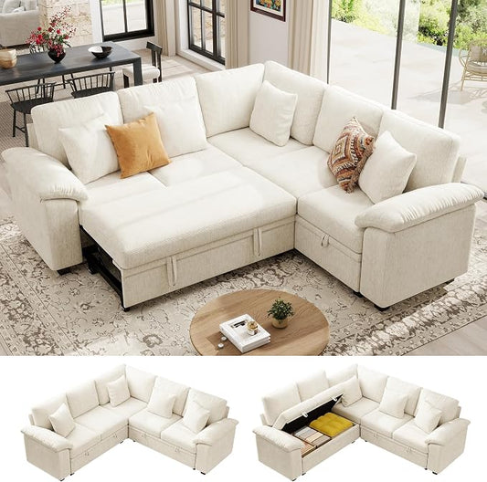 Ihanherry 86" Modular Sectional Sofa with Pull Out Bed, 5-Seater L Shaped Sectional Sleeper Couch with Storage, Chenille Convertible Couches for Living Room, Apartment (Beige)