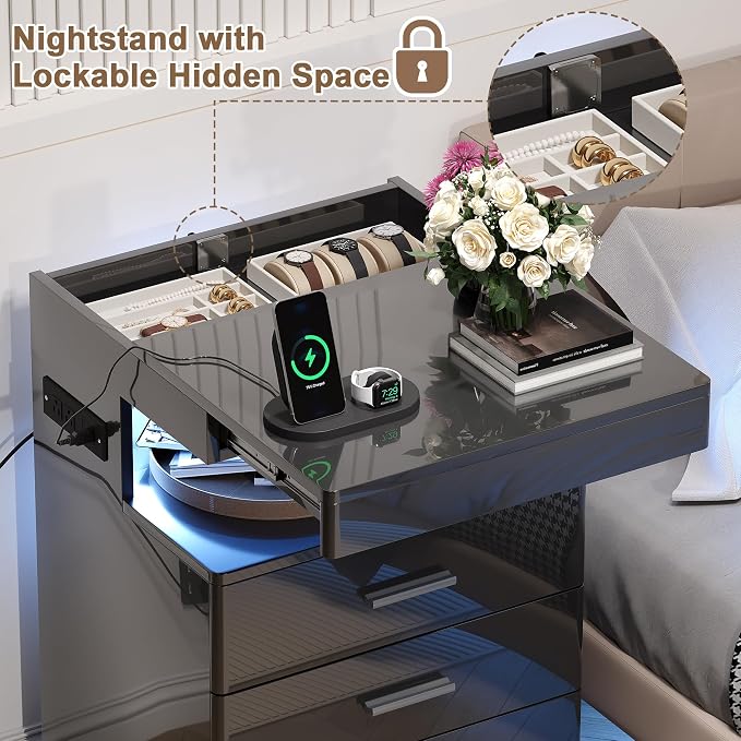 Treocho Led Nightstand with Hidden Space, Night Stand Set of 2 with Charging Station, 3 Drawer Smart Nightstand with Glossy Finish, Tall Bedside Table with RGB Lights for Bedroom, Black