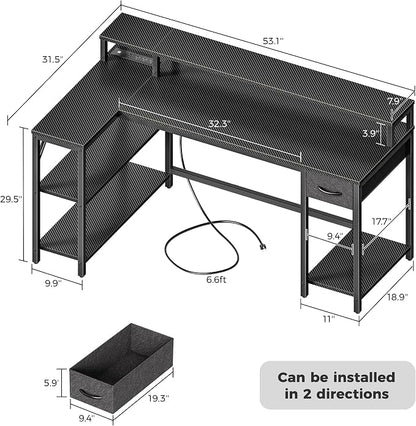 SUPERJARE 53 inch Reversible L Shaped Desk with LED Lights & Power Outlets, Computer Desk with Shelves & Monitor Stand, Gaming Desk with Drawer, Home Office Desk, Carbon Fiber Black