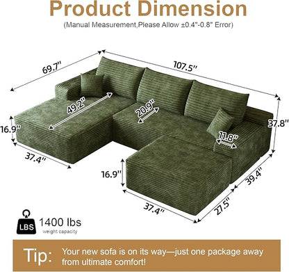 AUGOP 108" Sectional Couches for Living Room Modern Modular Sofa with L-Shape Couchs Upholstered Boneless Couch Deep Seat Sectional Couch with Chaise (Green, Left Facing Chaise+2Seaters+1Ottoman)