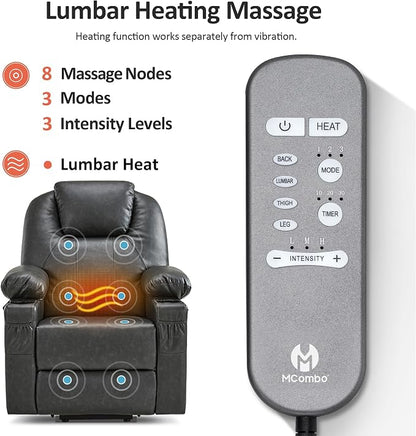MCombo Large Power Lift Recliner Chair for Elderly, Lift Chair with Heat and Massage for Tall People, Extended Footrest, USB & Type C Ports, Cup Holders, Faux Leather 7516 (Large, Grey)