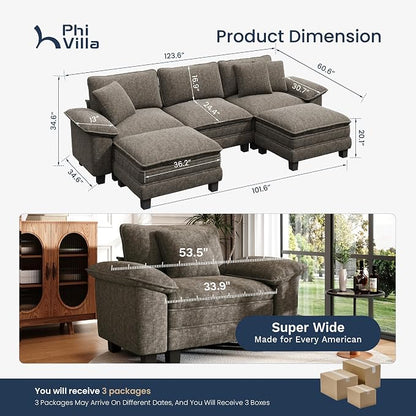 PHI VILLA Cloud Modular Couch Sets, 123.6" Oversized Sectional Sofa with U-Shaped Chaise, 5-Seater Couches with 2 Movable Ottomans for Living Room, Chenille Smoky Grey