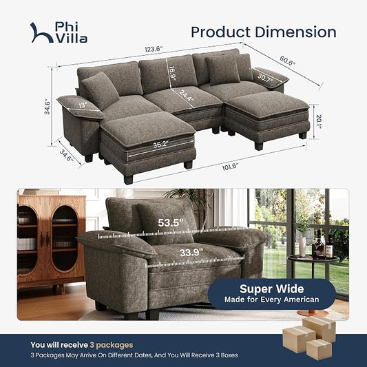 PHI VILLA Cloud Modular Couch Sets, 123.6" Oversized Sectional Sofa with U-Shaped Chaise, 5-Seater Couches with 2 Movable Ottomans for Living Room, Chenille Smoky Grey