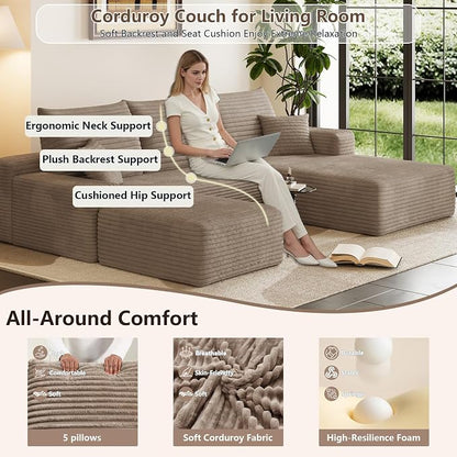 95" Cloud Sectional Couch U-Shaped Chaise with Ottoman, Corduroy Boneless Couch for Living Room Bedroom, Deep-Seat Upholstered Modular Cloud Sofa, No Assembly Required (Camel, Right Facing Chaise)