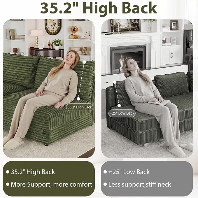 DreamDashio 159” 6-Seat U-Shaped Sectional Sofa, Oversized Extra Wide Deep Seat Detachable Modular Cloud Couch, Certified Corduroy Fabric with Storage & High Backs, for Home Theater, Green