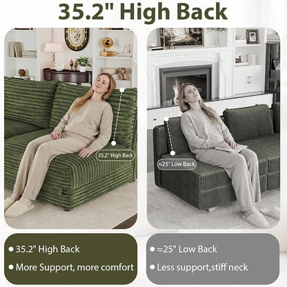 DreamDashio 159” 6-Seat U-Shaped Sectional Sofa, Oversized Extra Wide Deep Seat Detachable Modular Cloud Couch, Certified Corduroy Fabric with Storage & High Backs, for Home Theater, Green